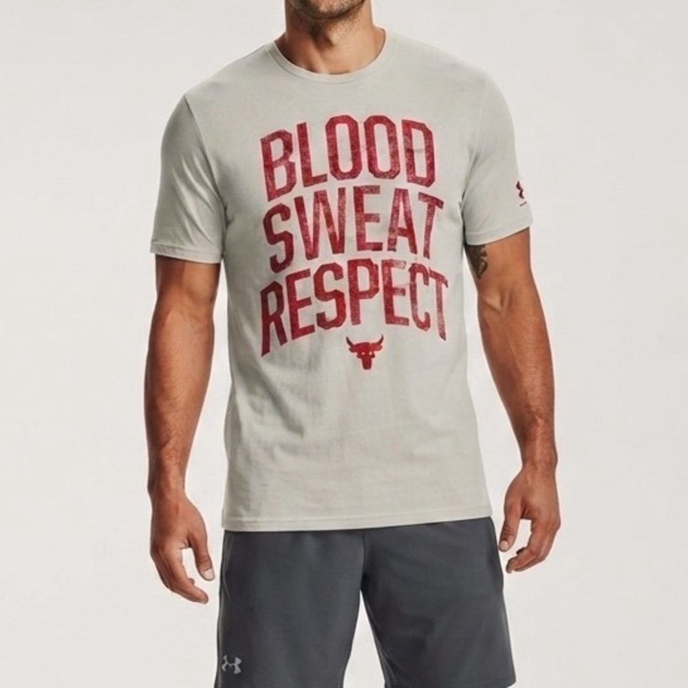 Under Armour Project Rock Mens XL Blood Sweat Respect HeatGear T-Shirt Tan Red
